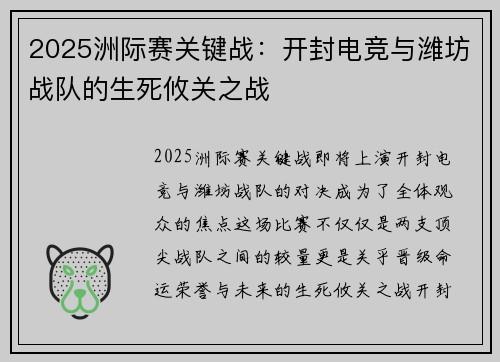 2025洲际赛关键战：开封电竞与潍坊战队的生死攸关之战